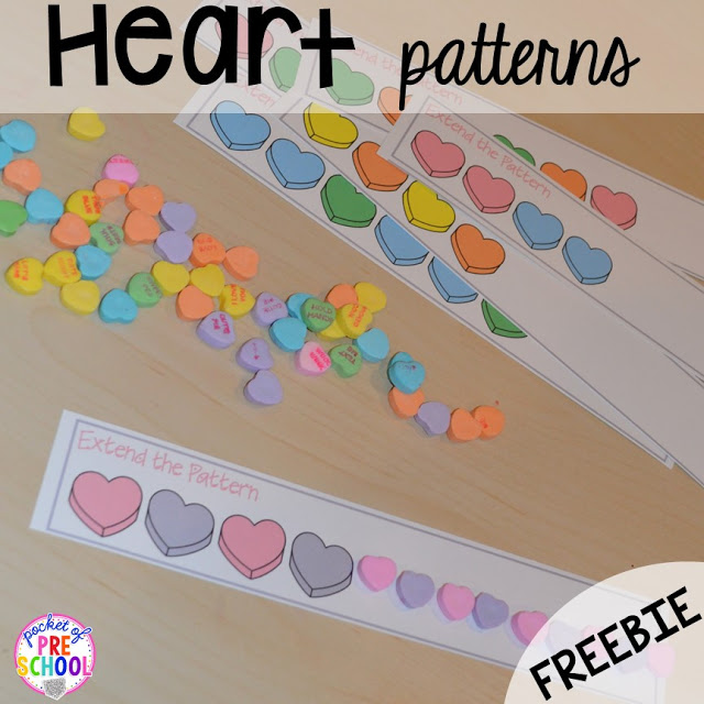 Candy Heart Pattern FREEBIE plus all my favorite Valentine's Day themed writing, math, fine motor, sensory, literacy, and science activities for preschool and kindergarten.