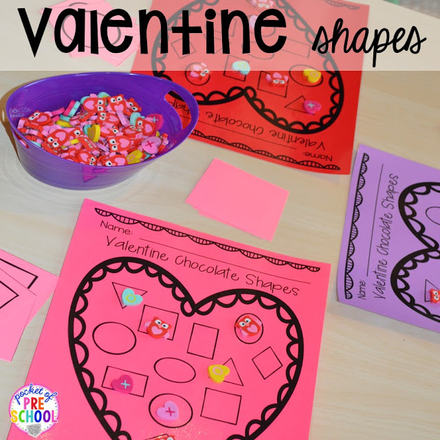 Valentine's Day shape game plus all my favorite Valentine's Day themed writing, math, fine motor, sensory, literacy, and science activities for preschool and kindergarten.