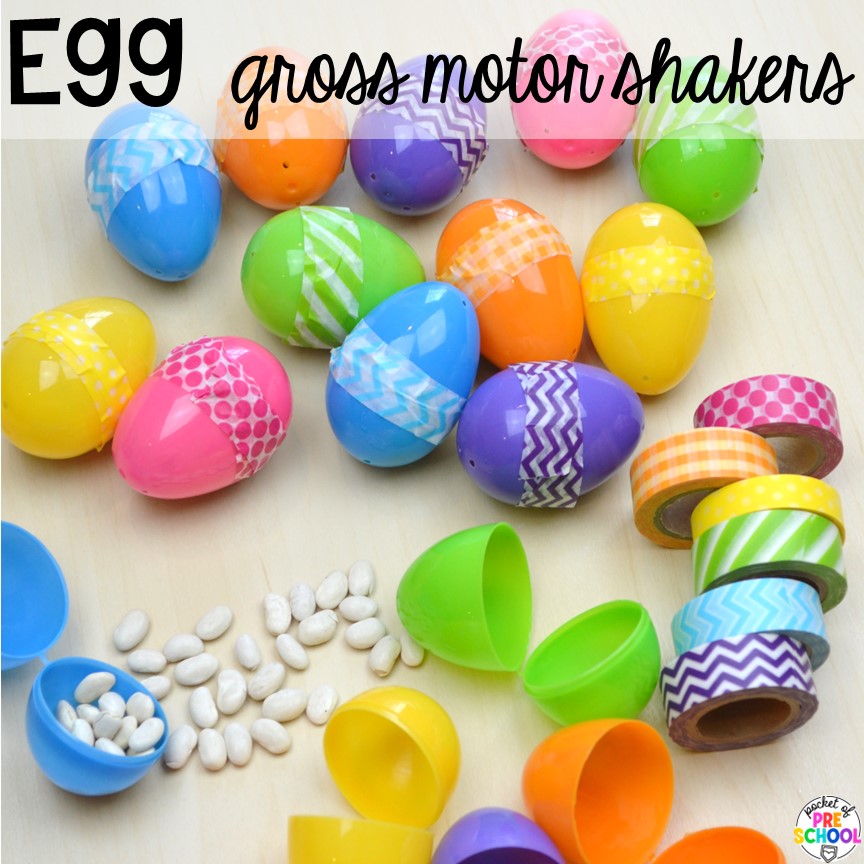 Egg Gross Motor Shakers! Perfect for an Easter or spring theme in a preschool, pre-k, or kindergarten classroom.