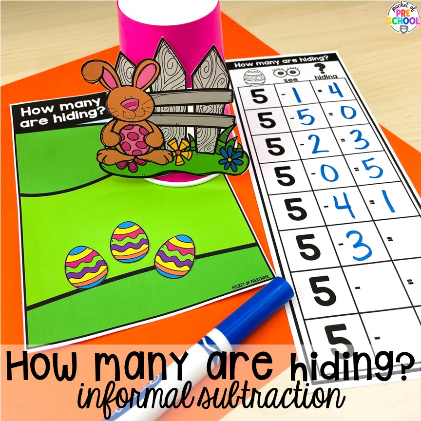 How Many Are Hiding? Informal Subtraction! Perfect for an Easter or spring theme in a preschool, pre-k, or kindergarten classroom.