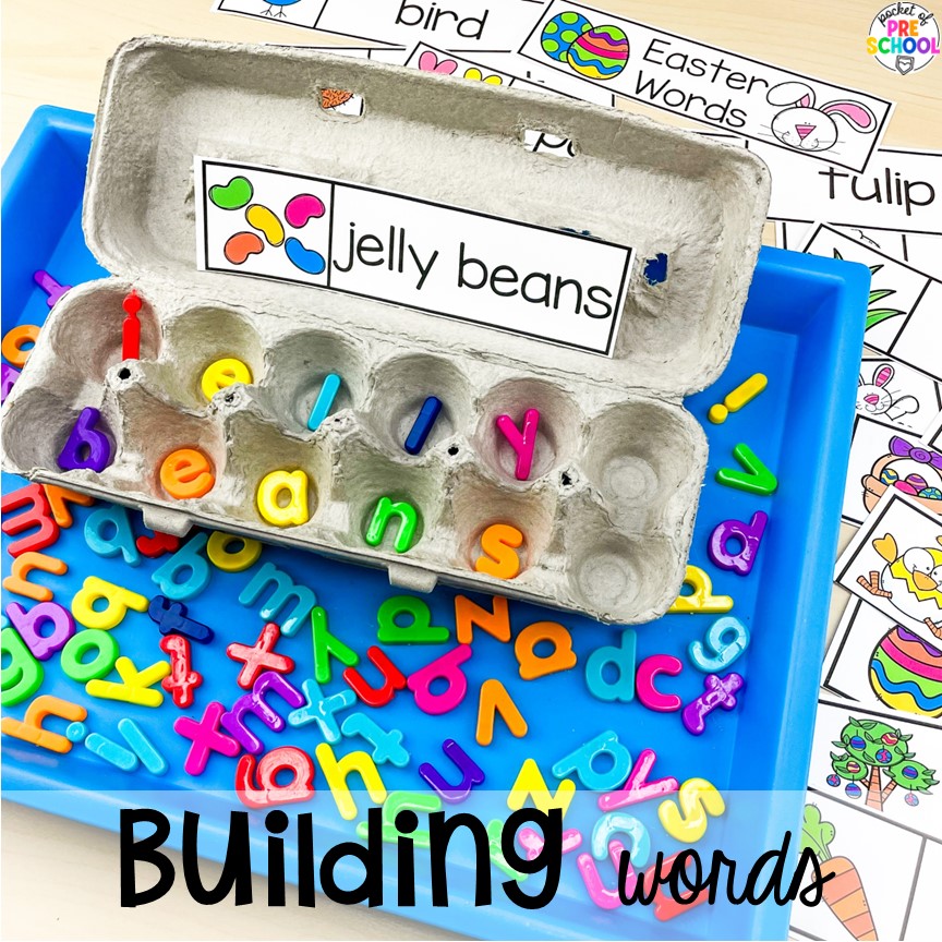 Building Easter Words! Perfect for an Easter or spring theme in a preschool, pre-k, or kindergarten classroom.