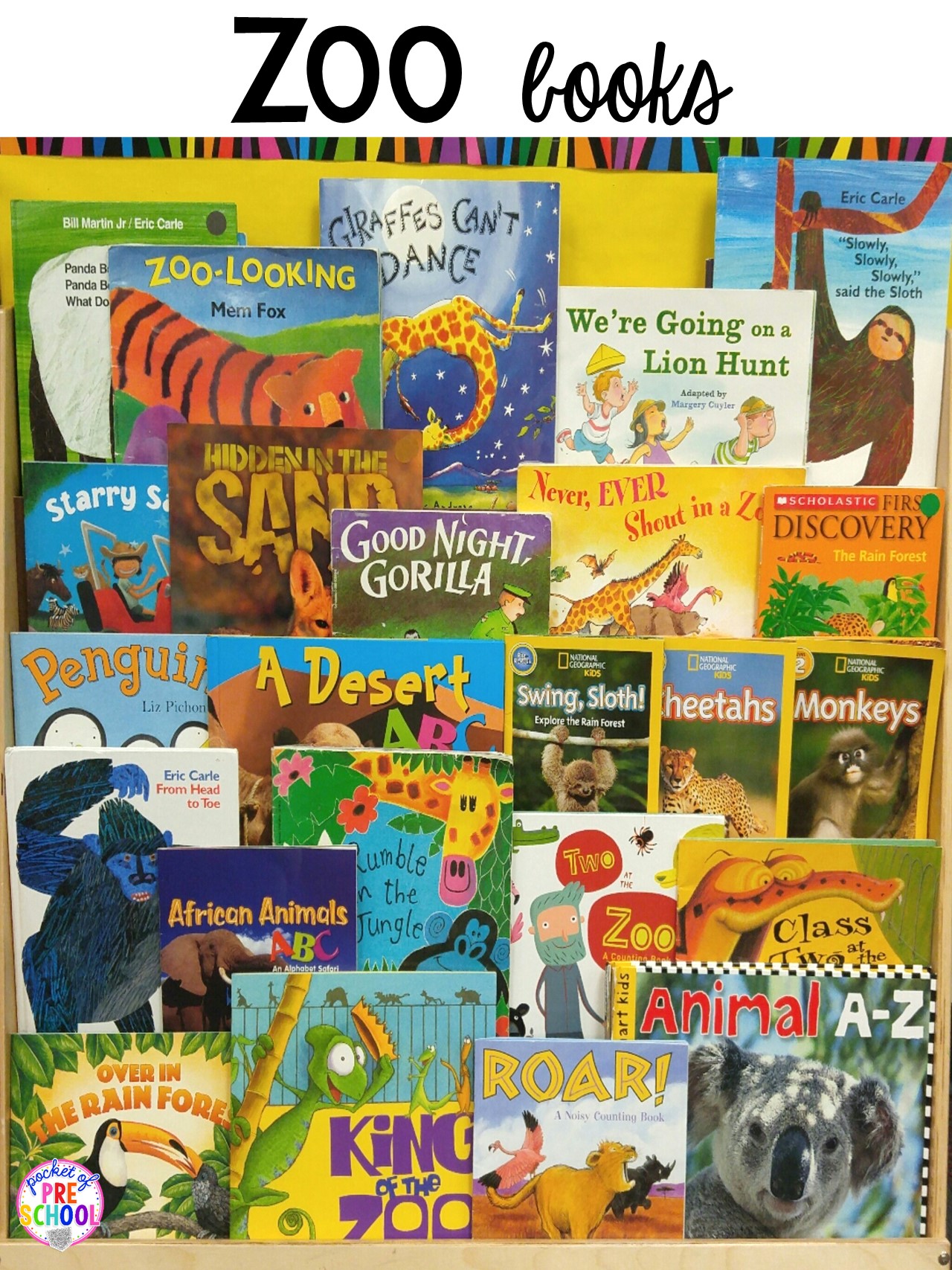 Zoo books for a zoo theme in a preschool, pre-k, or kindergarten classroom. #zootheme #booklist #preschool #prek