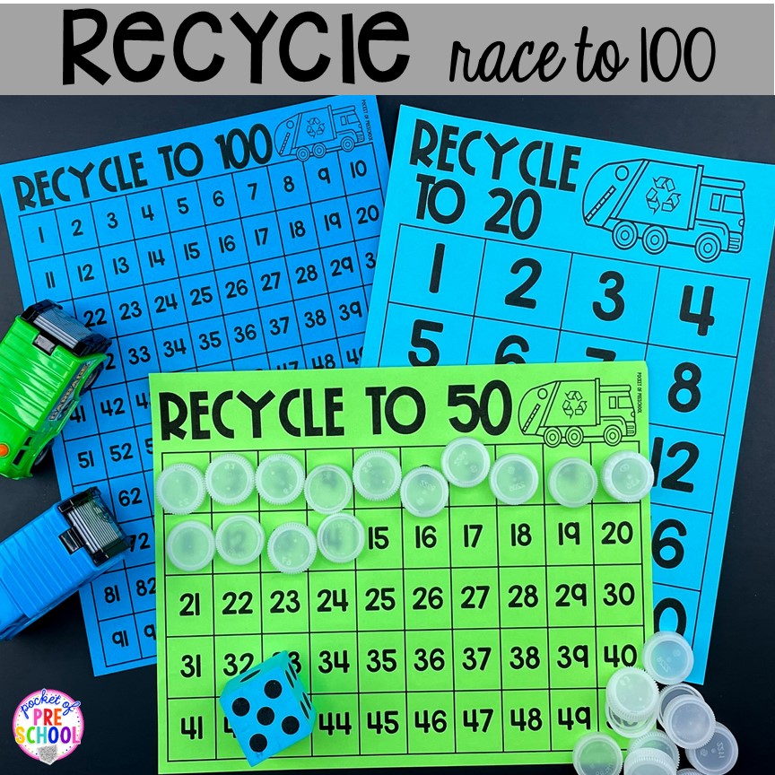 Recycle race to 100 for preschool, pre-k, and kindergarten students.