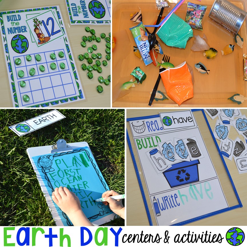 Earth Day literacy, math, sensory, science, sensory, art, and fine motor activities and centers for preschool, pre-k, and kindergarten. Plus FREE Earth Day vocabulary posters!