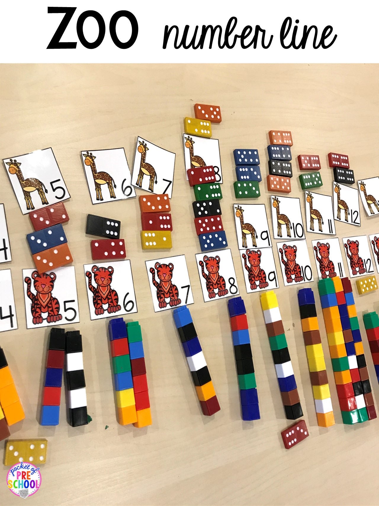 Zoo number line with math manipulatives and animal number cards for a zoo them to practice number identification and counting. #zootheme #preschool #prek