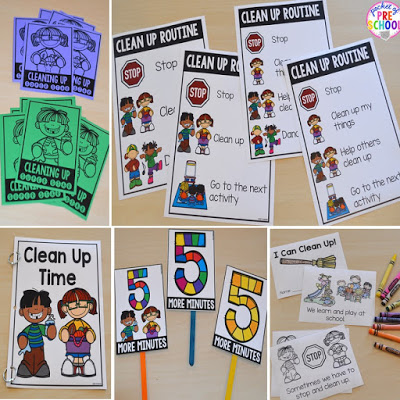 Clean up visual supports, social story, routine posters, brag tags, and coloring book for preschool, pre-k, and kindergarten