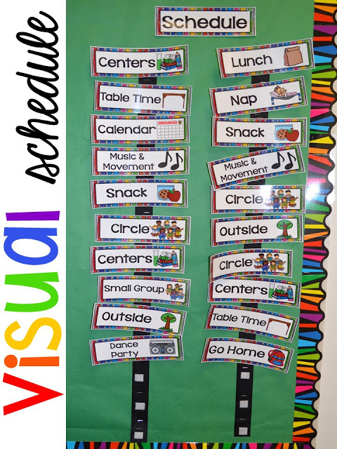 Daily preschool schedule and visual schedule tricks and tips for preschool, per-k, and kindergarten. 