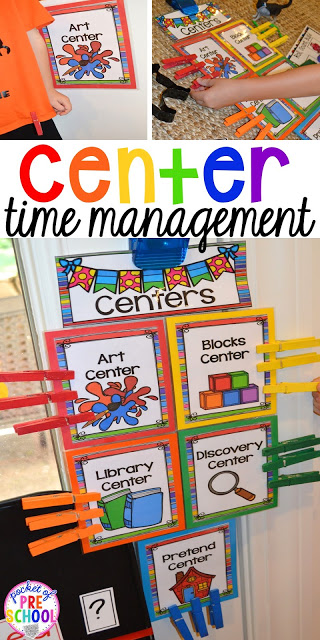 Center Time management for preschool, pre-k, and kindergarten plus a free printable to teach about the centers.