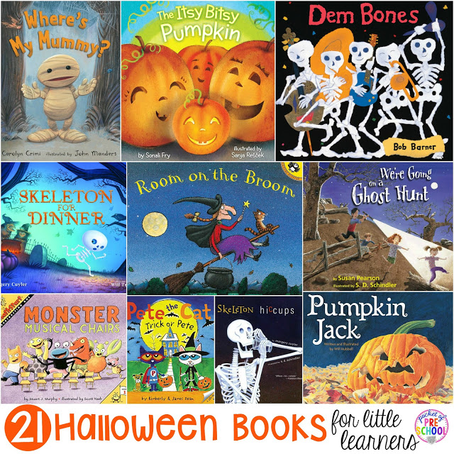 21 Halloween themed books for preschool, pre-k, and kindergarten. 