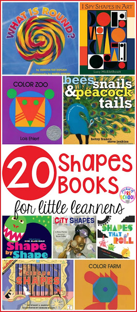 2D Shape Book list for preschool, pre-k, and kindergarten. It's packed with 20 shape books! Teach math concepts using quality children's books!