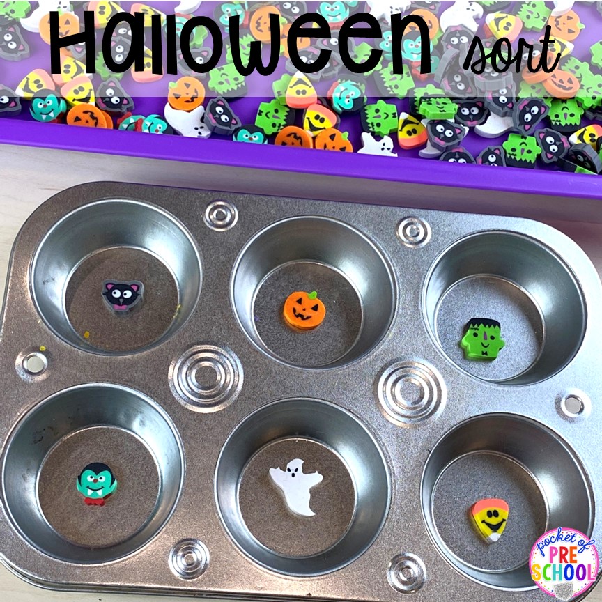 Halloween sort using mini erasers for a fun sorting activity using a muffin tin for preschool, pre-k, and toddler students.