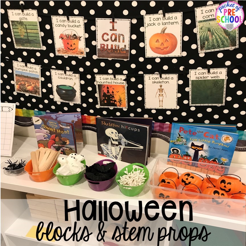 Halloween STEM in the blocks center! Plus my favorite Halloween activities and centers for preschool, pre-k, and kindergarten (art, math, writing, letters, blocks, STEM, sensory, fine motor). FREE printables... a mummy printable and witches brew counting recipe cards!