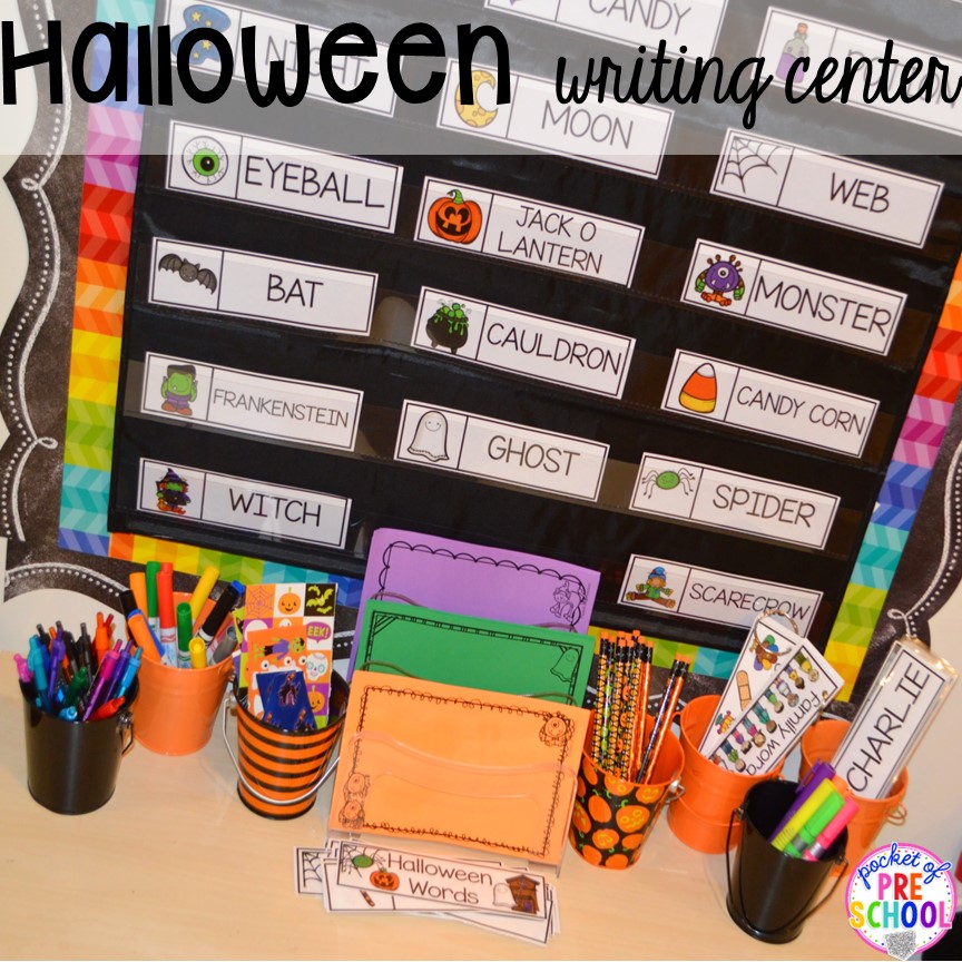 Halloween writing center! Plus my favorite Halloween activities and centers for preschool, pre-k, and kindergarten (art, math, writing, letters, blocks, STEM, sensory, fine motor). FREE printables... a mummy printable and witches brew counting recipe cards!