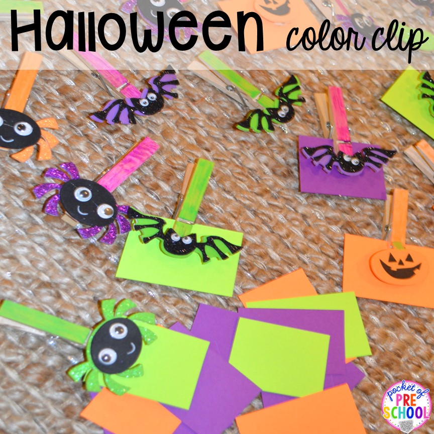 Halloween color match! Plus my favorite Halloween activities and centers for preschool, pre-k, and kindergarten (art, math, writing, letters, blocks, STEM, sensory, fine motor). FREE printables... a mummy printable and witches brew counting recipe cards!