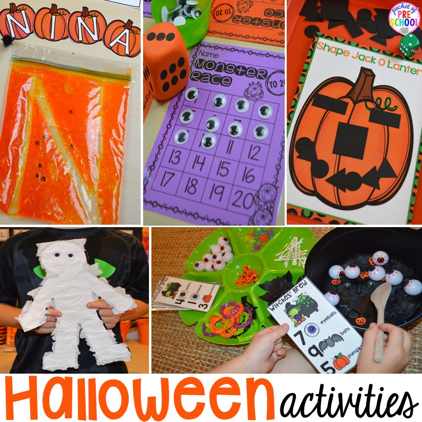 My favorite Halloween activities and centers for preschool, pre-k, and kindergarten (art, math, writing, letters, blocks, STEM, sensory, fine motor). FREE printables... a mummy printable and witches brew counting recipe cards! 