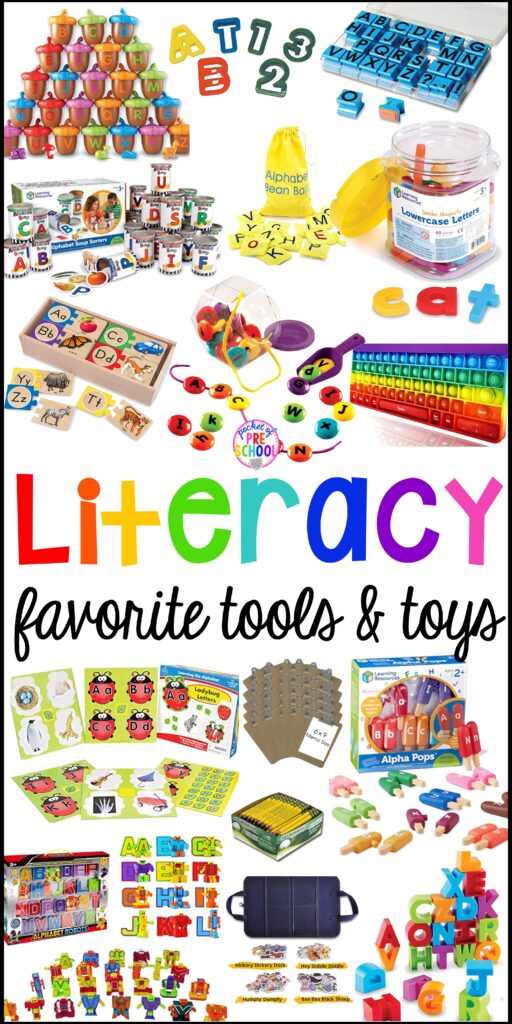 My favorite literacy tools and toys (letters, sounds, rhyme) for preschool, pre-k, and kindergarten. Use in the classroom or at home with your little learners.
