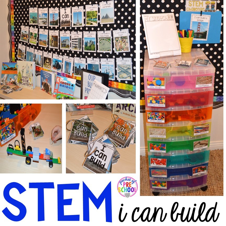 Favorite STEM Center activities, tools, and toys for preschool, pre-k, and kindergarten age students in the classroom or at home.