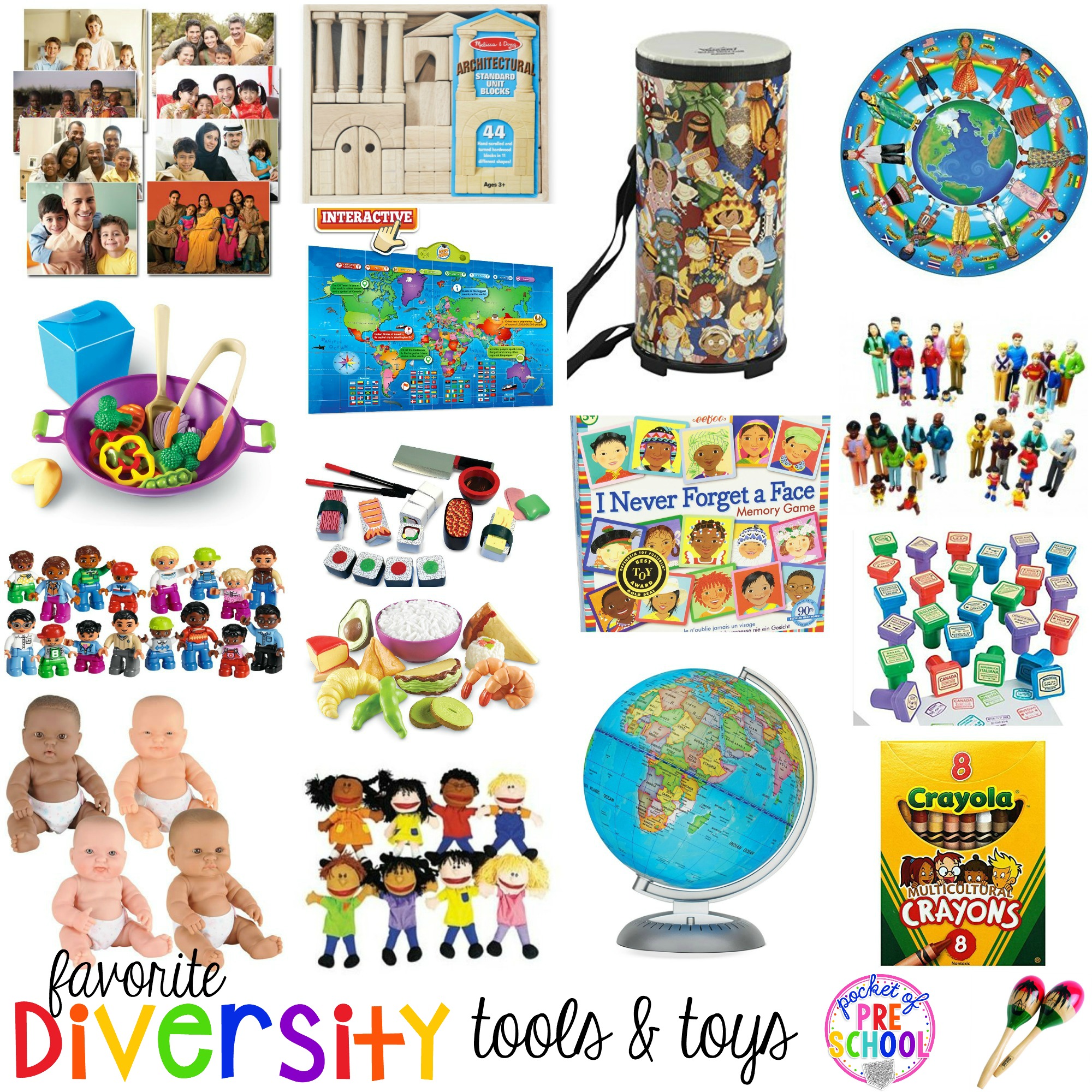 Diverse tools and toys for preschool, pre-k, and kindergarten. Be intentional when you select the items in your classroom. Celebrate the differences in each other because that's what makes every person amazing and unique!