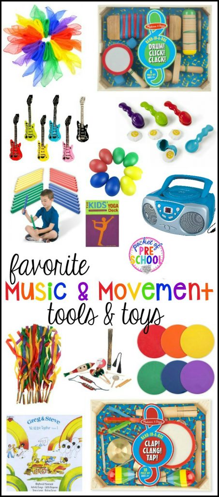 My favorite Music and Movement Tools and Toys for Preschool and Kindergarten or home! Use inside or outside for music and movement or place in music center.
