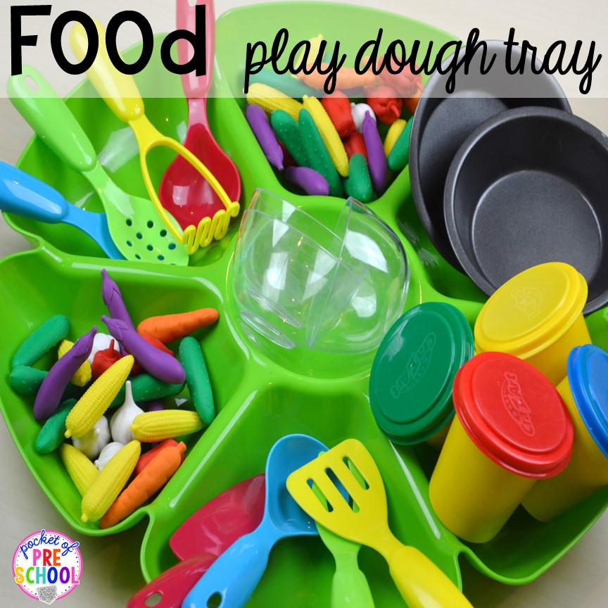 Food themed play dough tray! Plus tons more Food and nutrition centers for preschool, pre-k, and kindergarten. Reading, writing, math, fine motor, STEM, and art.