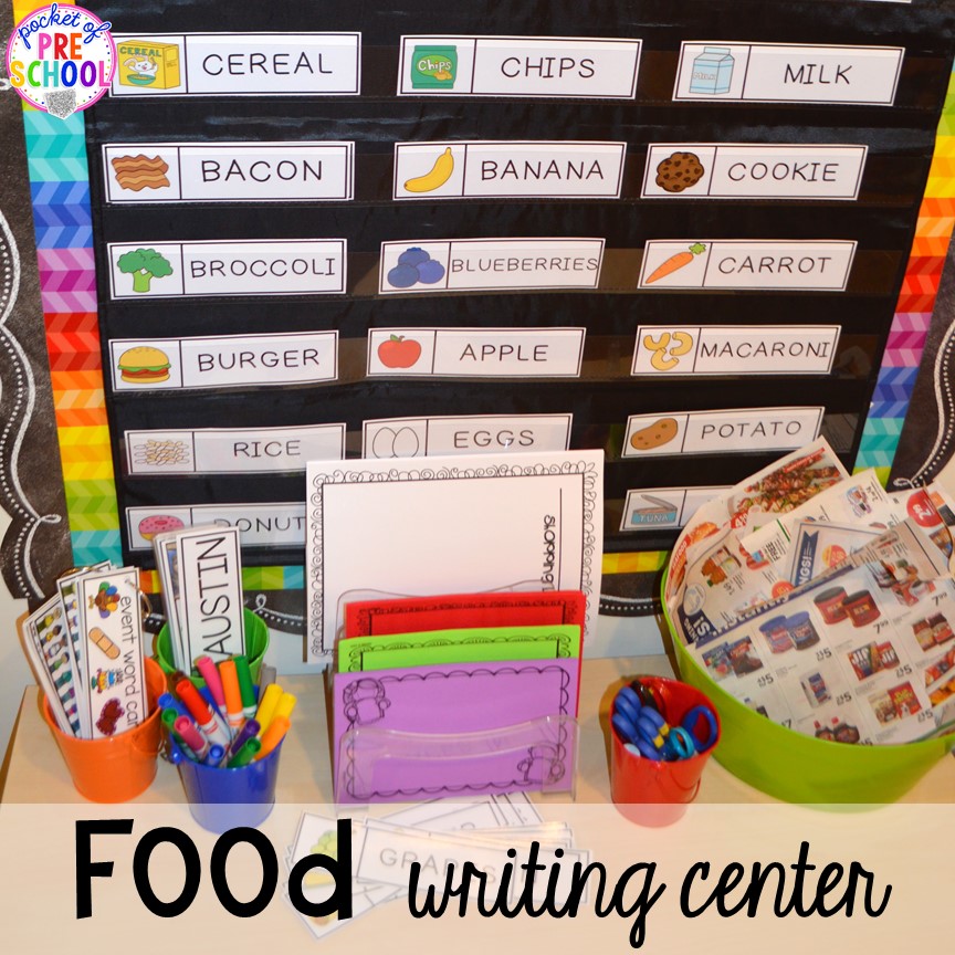 Food themed writing center! Plus tons more Food and nutrition centers for preschool, pre-k, and kindergarten. Reading, writing, math, fine motor, STEM, and art.