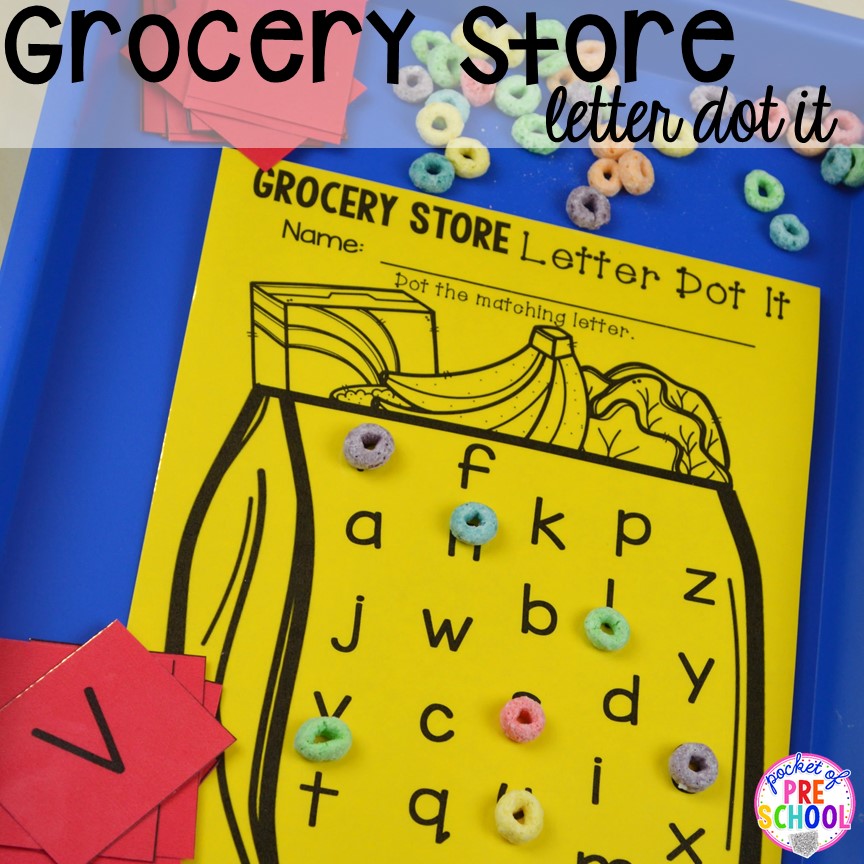Grocery Store letter game! Plus tons more Food and nutrition centers for preschool, pre-k, and kindergarten. Reading, writing, math, fine motor, STEM, and art.