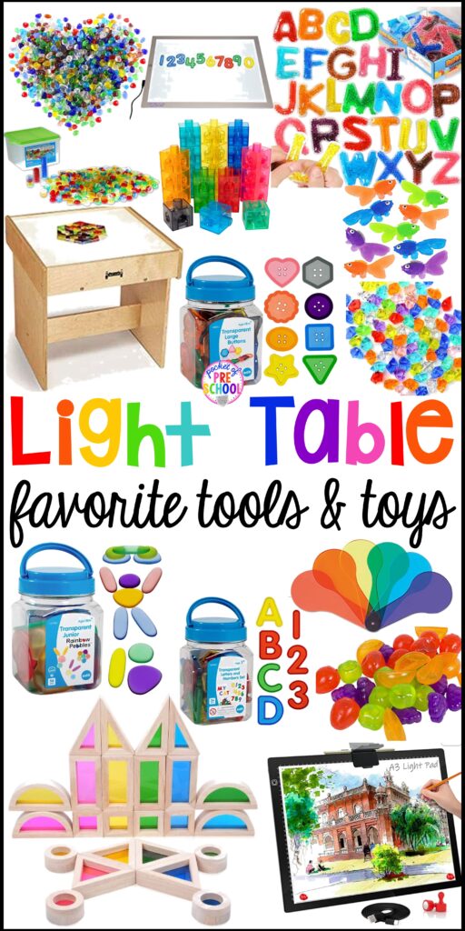 Huge list of LIGHT TABLE tools & toys for the classroom....preschool, pre-k, and kindergarten or for home. Explore math, literacy, and STEM at the light table with these tools!