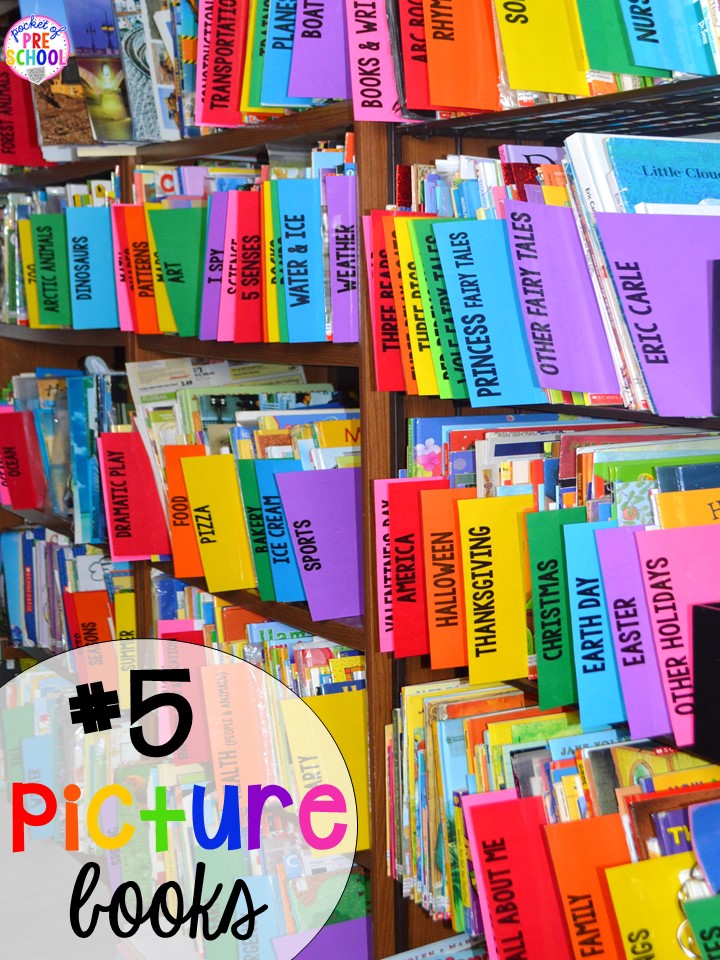 Picture books/bookshelf hack plus 14 more classroom organization hacks to make teaching easier that every preschool, pre-k, kindergarten, and elementary teacher should know. FREE theme box labels too!