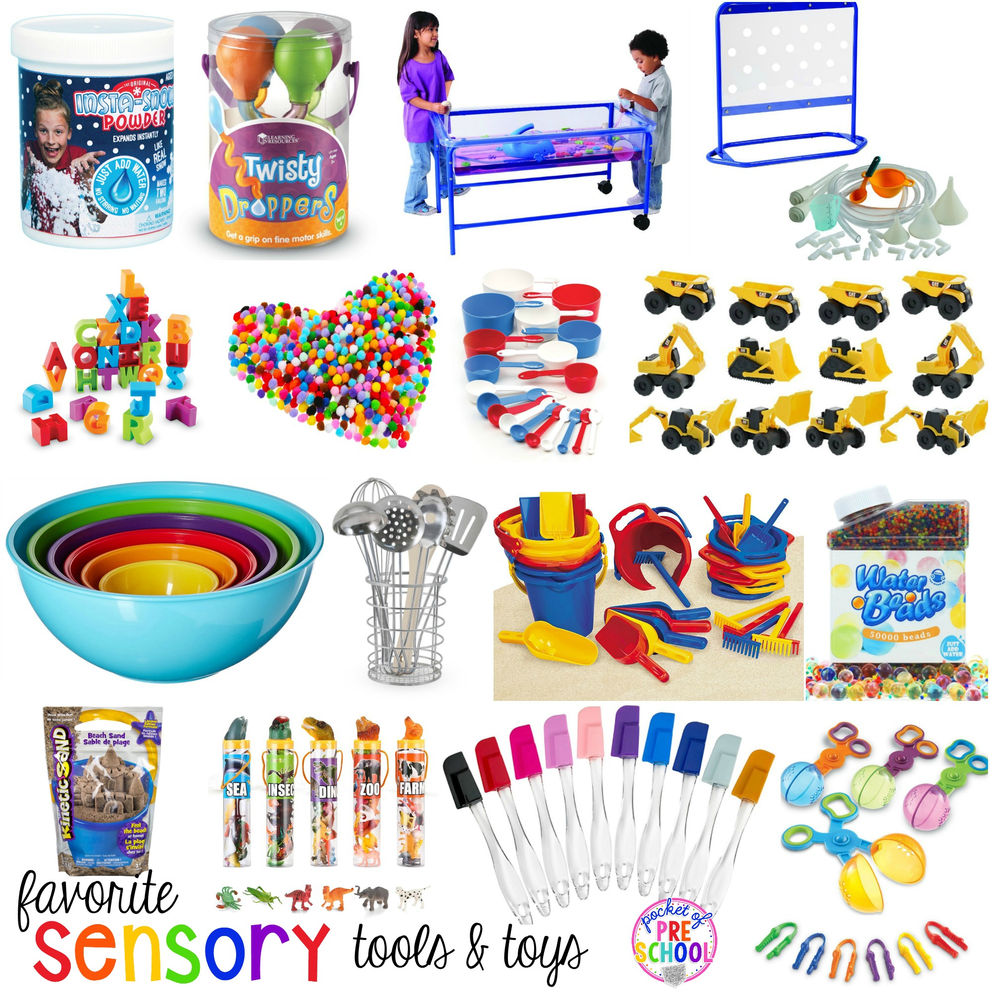 My Favorite Sensory Table Tools and Toys perfect for Preschool and Kindergarten classrooms to build to teach important math, science, and literacy concepts and skills as well as strengthen those fine motor muscles too.