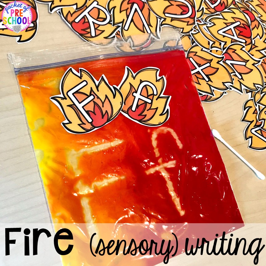 Fire sensory letter & sight word writing! Community Helper themed activities and centers for preschool, pre-k, and kindergarten. 