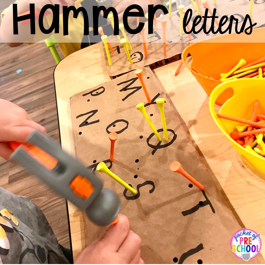 Construction workers hammers letters! Community Helper themed activities and centers for preschool, pre-k, and kindergarten. 