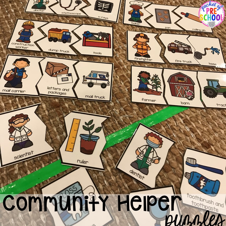 Community helper puzzle! Community Helper themed activities and centers for preschool, pre-k, and kindergarten. Plus FREE community signs.