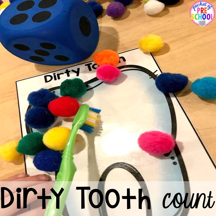 Dirty tooth math game! Community Helper themed activities and centers for preschool, pre-k, and kindergarten. 