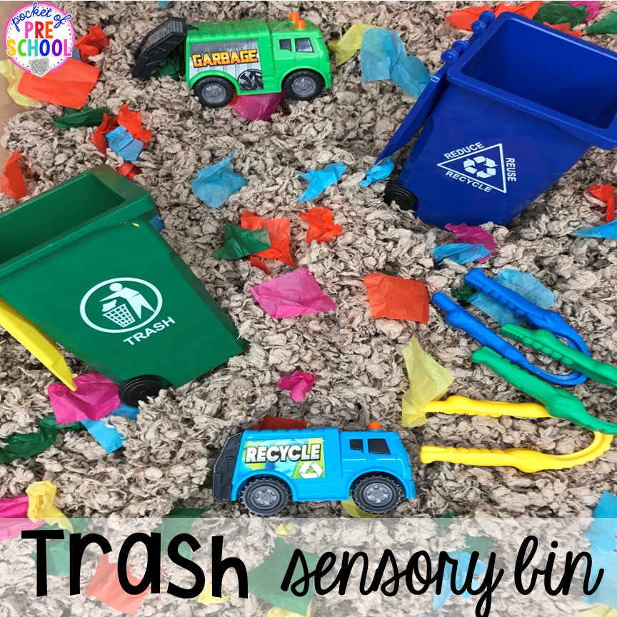 Trash sensory table! Community Helper themed activities and centers for preschool, pre-k, and kindergarten. Plus FREE community signs & fire printable.