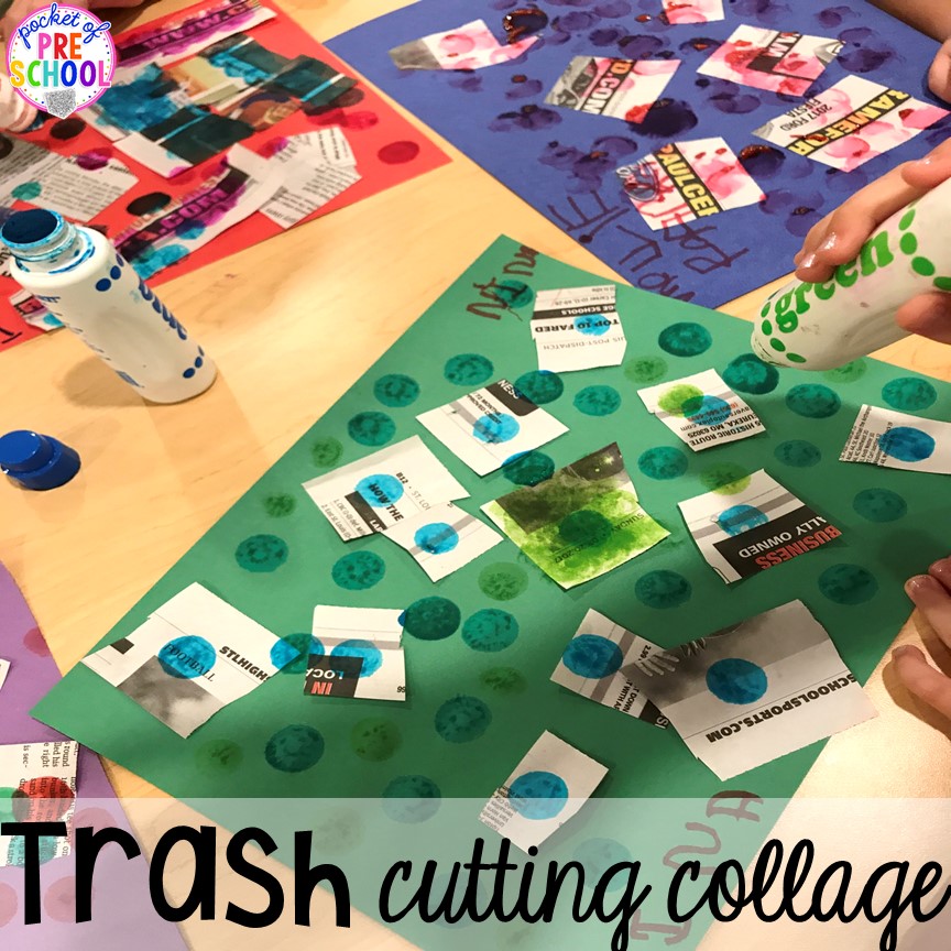 Trash cutting collage! Community Helper themed activities and centers for preschool, pre-k, and kindergarten.