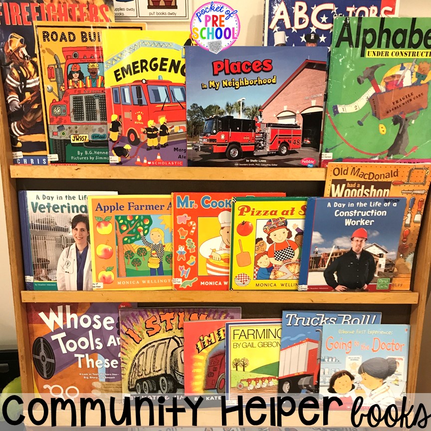 Community helper books! Community Helper themed activities and centers for preschool, pre-k, and kindergarten. Plus FREE community signs & fire printable. 
