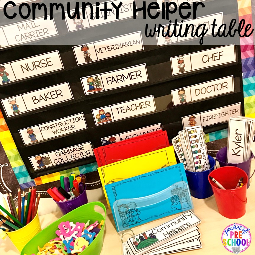 Community helper writing table! Community Helper themed activities and centers for preschool, pre-k, and kindergarten. 