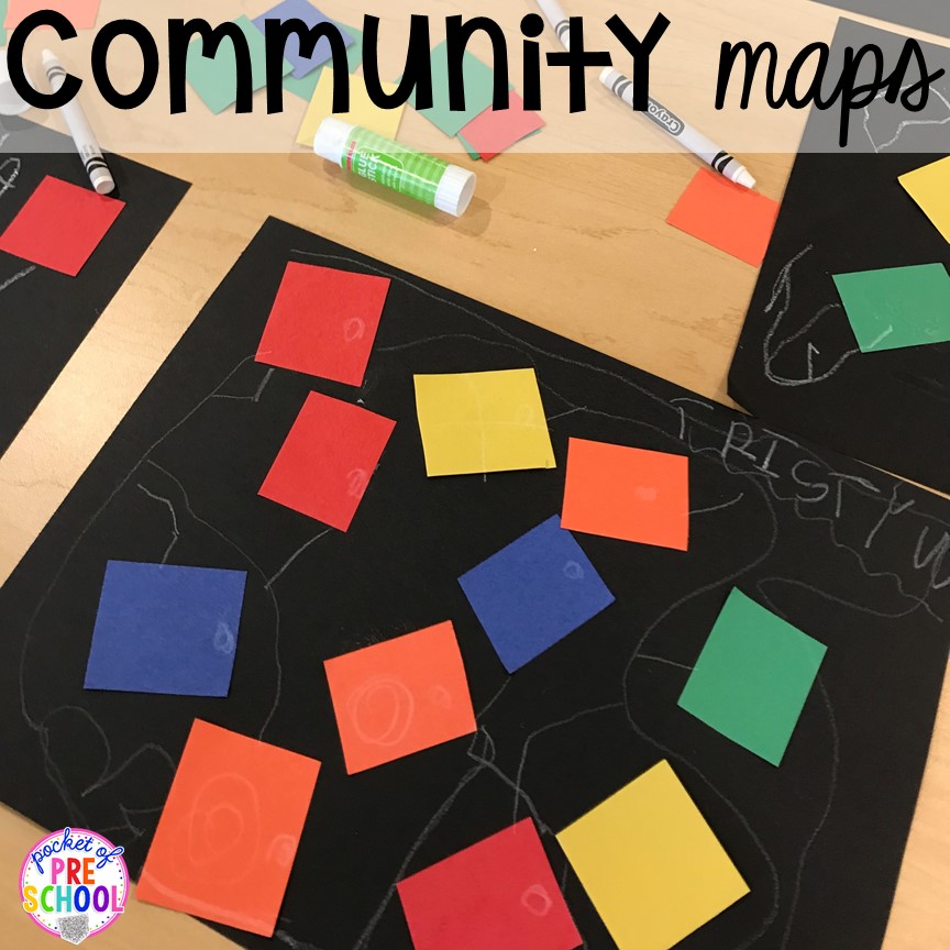 Community map math activity! Community Helper themed activities and centers for preschool, pre-k, and kindergarten. 