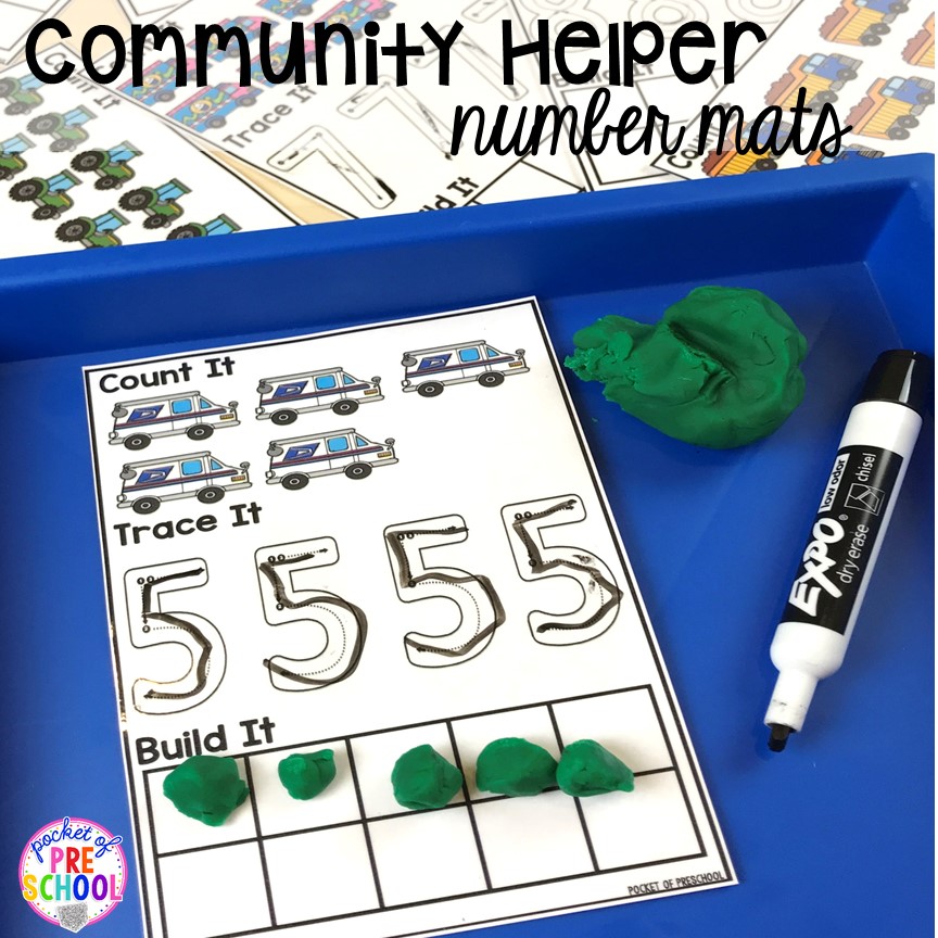 Community helper number mats! Community Helper themed activities and centers for preschool, pre-k, and kindergarten. 