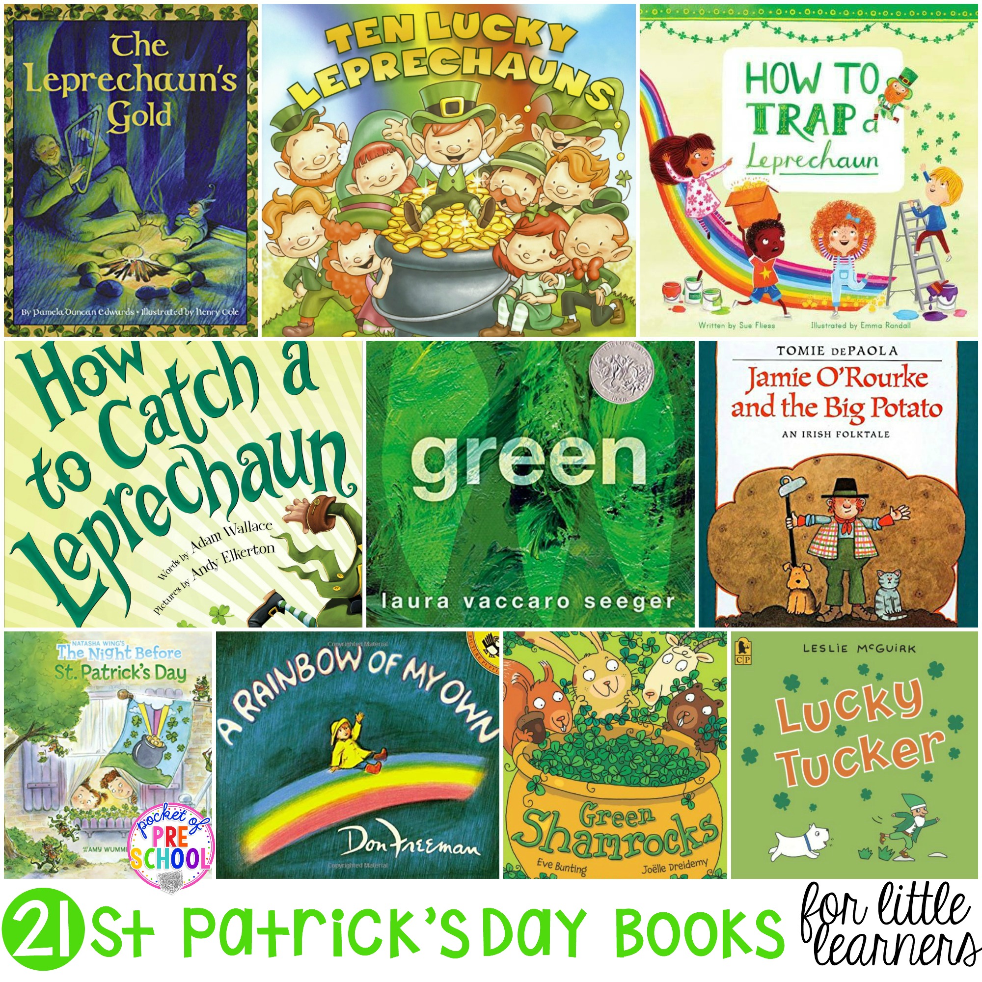 Giant list of St. Patrick's Day books for your preschool, pre-k, and kindergarten kiddos. A book list filled with leprechauns, clovers, rainbows, plus everything green and gold. Ready to plop right into your March lesson plans. #preschool #booklist #stpatricksday #prek 