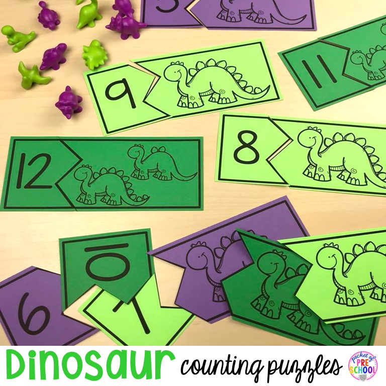 FREE dinosaur counting puzzles (1-20) fun for preschool, prek, and kindergarten kiddos! Can't wait to use these for my dinosaur theme.