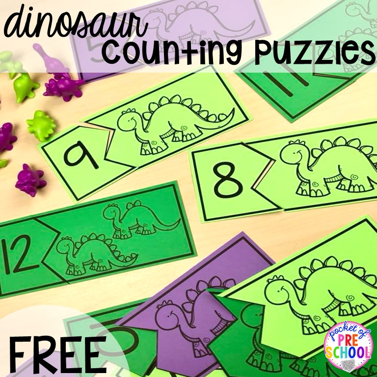 FREE dinosaur counting puzzles (1-20) fun for preschool, pre-k, and kindergarten kiddos! Can't wait to use these for my dinosaur theme.