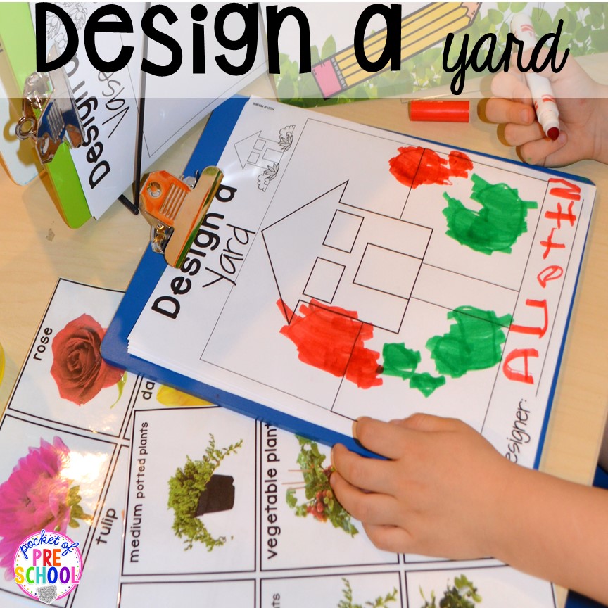 STEM design challenges in our Garden Shop Dramatic Play for a spring theme, Mother's Day theme, or summer theme when everything is growing and blooming. Any preschool, pre=k, and kindergarten kiddos will LOVE it (and learn a ton too). #flowershop #gardenshop #presschool #prek #dramaticplay