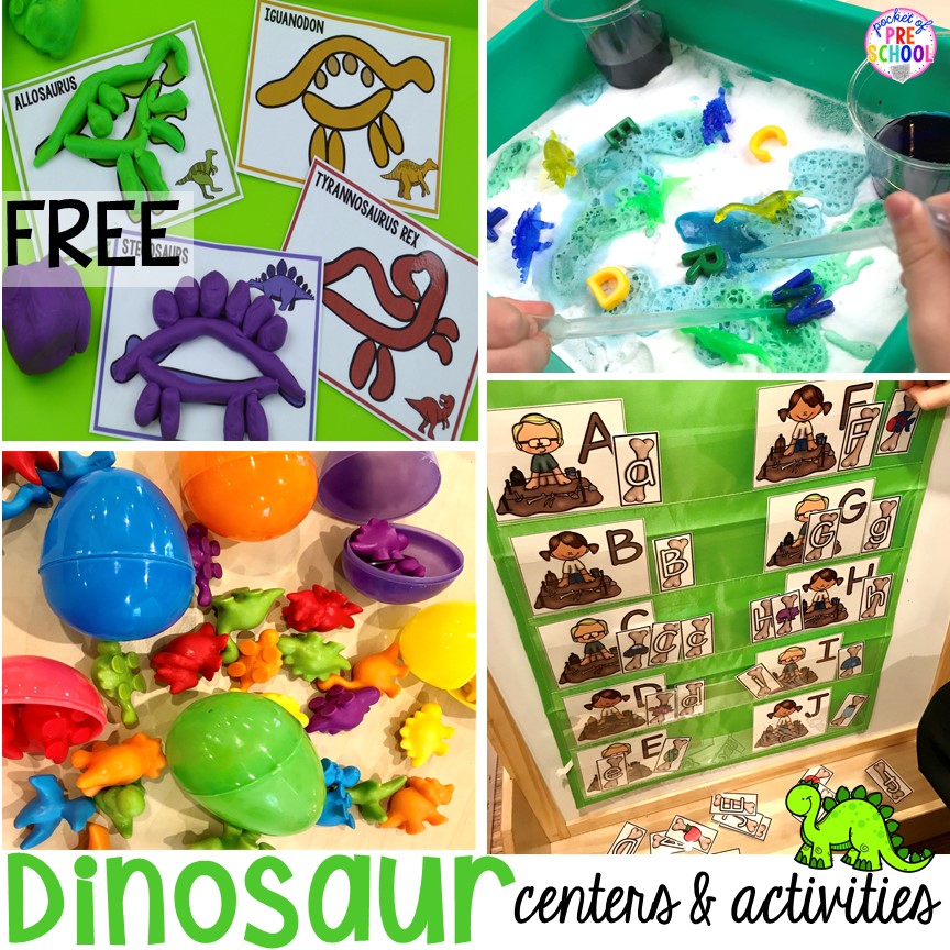 Dinosaur freebies plus tons of dinosaur themed activities & centers your preschool, pre-k, and kindergarten students will love! #preschool #pocketofpreschool #dinosaurtheme 