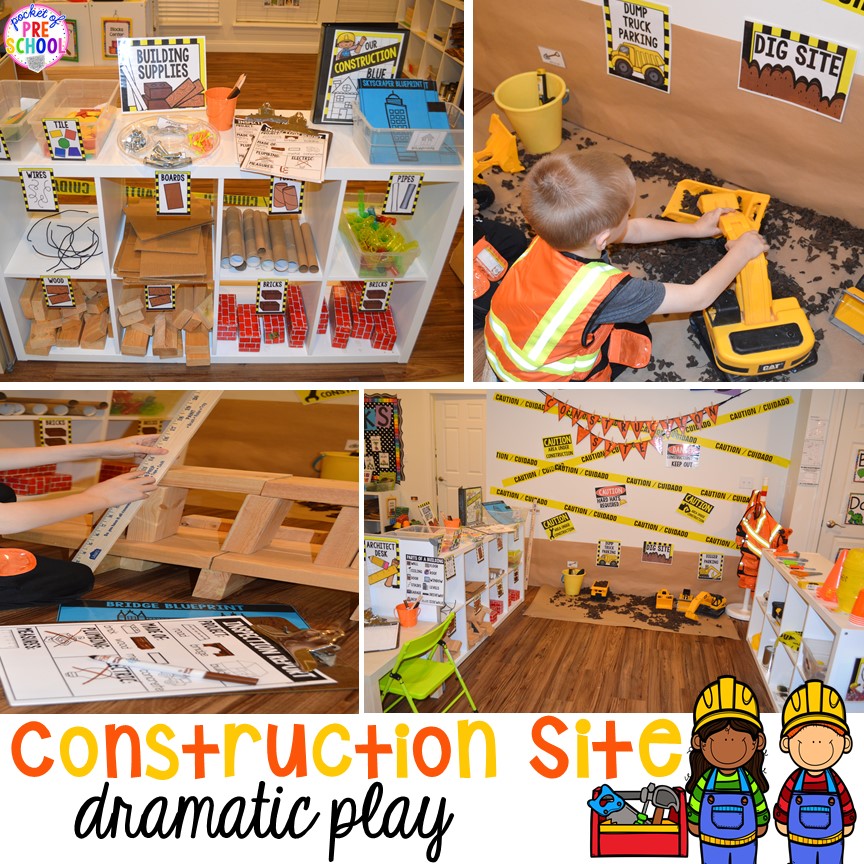 Constriction site dramatic play! Construction themed centers and activities my preschool & pre-k kiddos will LOVE! (math, letters, sensory, fine motor, & freebies too)
