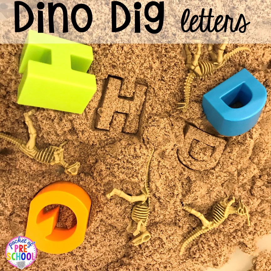 Dino dig for letters plus tons of dinosaur themed activities & centers your preschool, pre-k, and kindergarten students will love! #preschool #pocketofpreschool #dinosaurtheme 