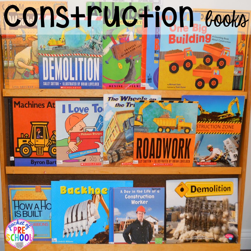 Construction bookshelf! Construction themed centers and activities my preschool & pre-k kiddos will LOVE! (math, letters, sensory, fine motor, & freebies too)