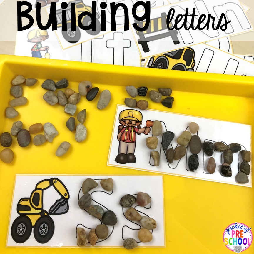 Build letters with rocks! Construction themed centers and activities my preschool & pre-k kiddos will LOVE! (math, letters, sensory, fine motor, & freebies too)