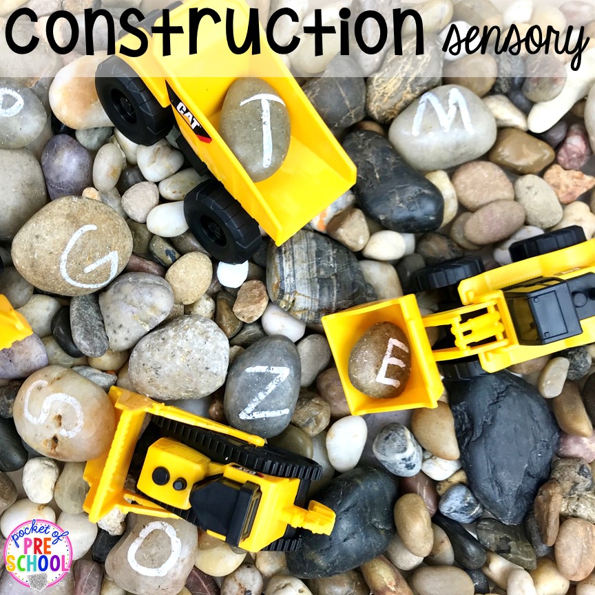 Construction sensory table! Construction themed centers and activities my preschool & pre-k kiddos will LOVE! (math, letters, sensory, fine motor, & freebies too)