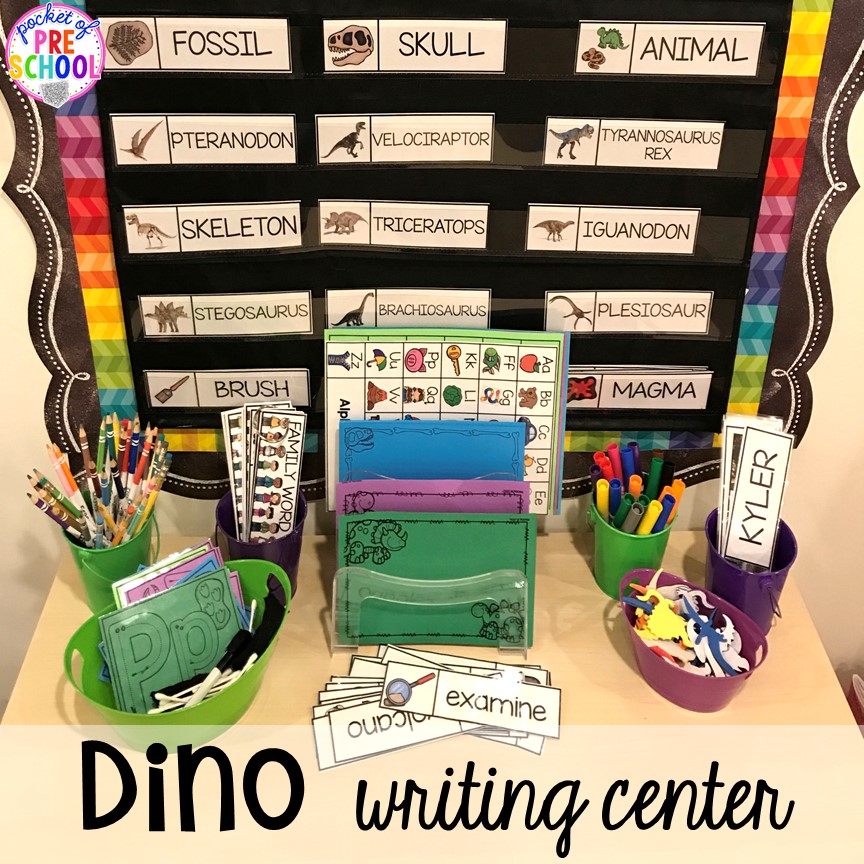 Dinosaur writing center plus tons of dinosaur themed activities & centers your preschool, pre-k, and kindergarten students will love! #preschool #pocketofpreschool #dinosaurtheme 